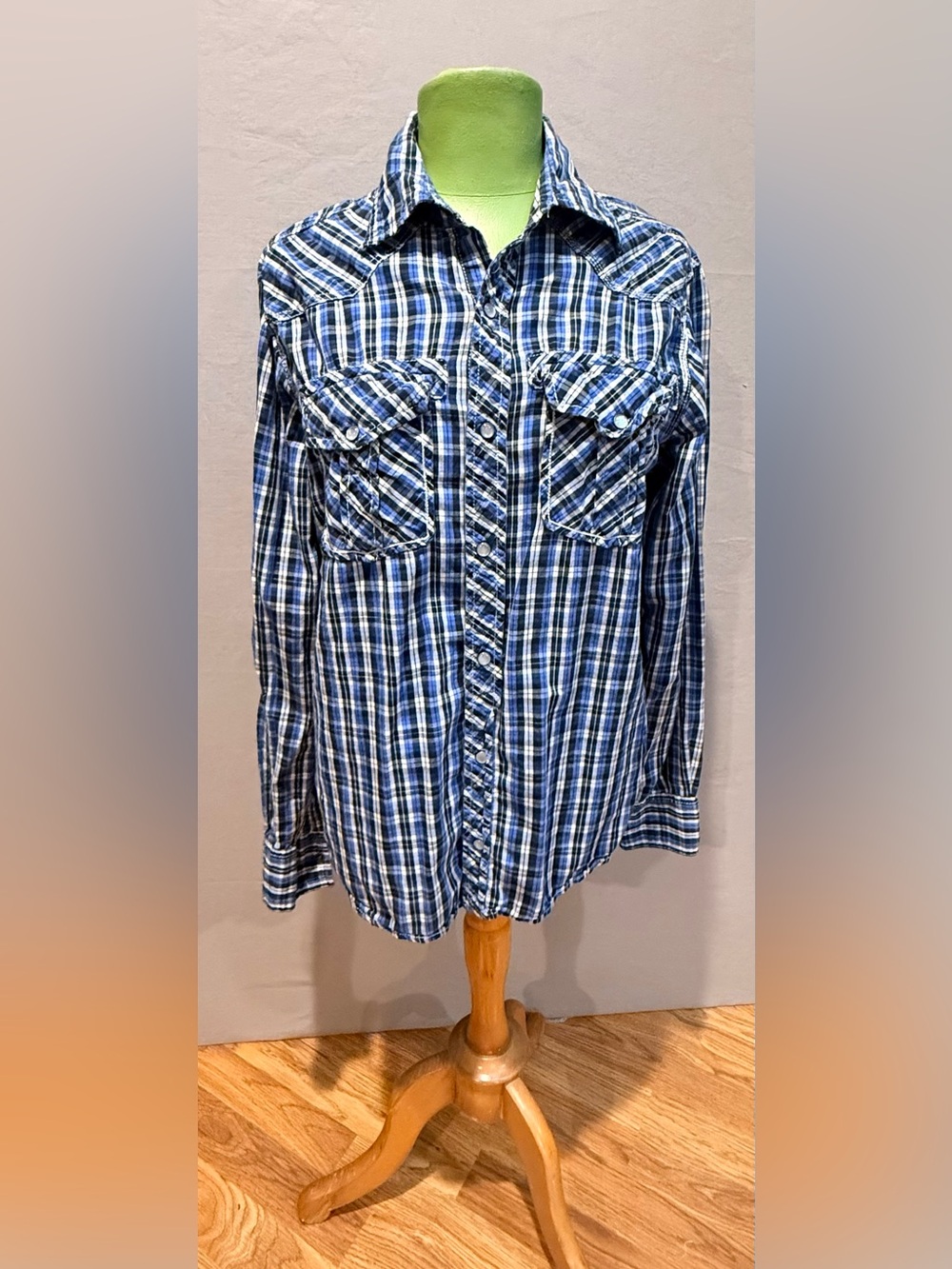 Red Snap Men's Blue Plaid Button-Up Shirt western pearl Button M